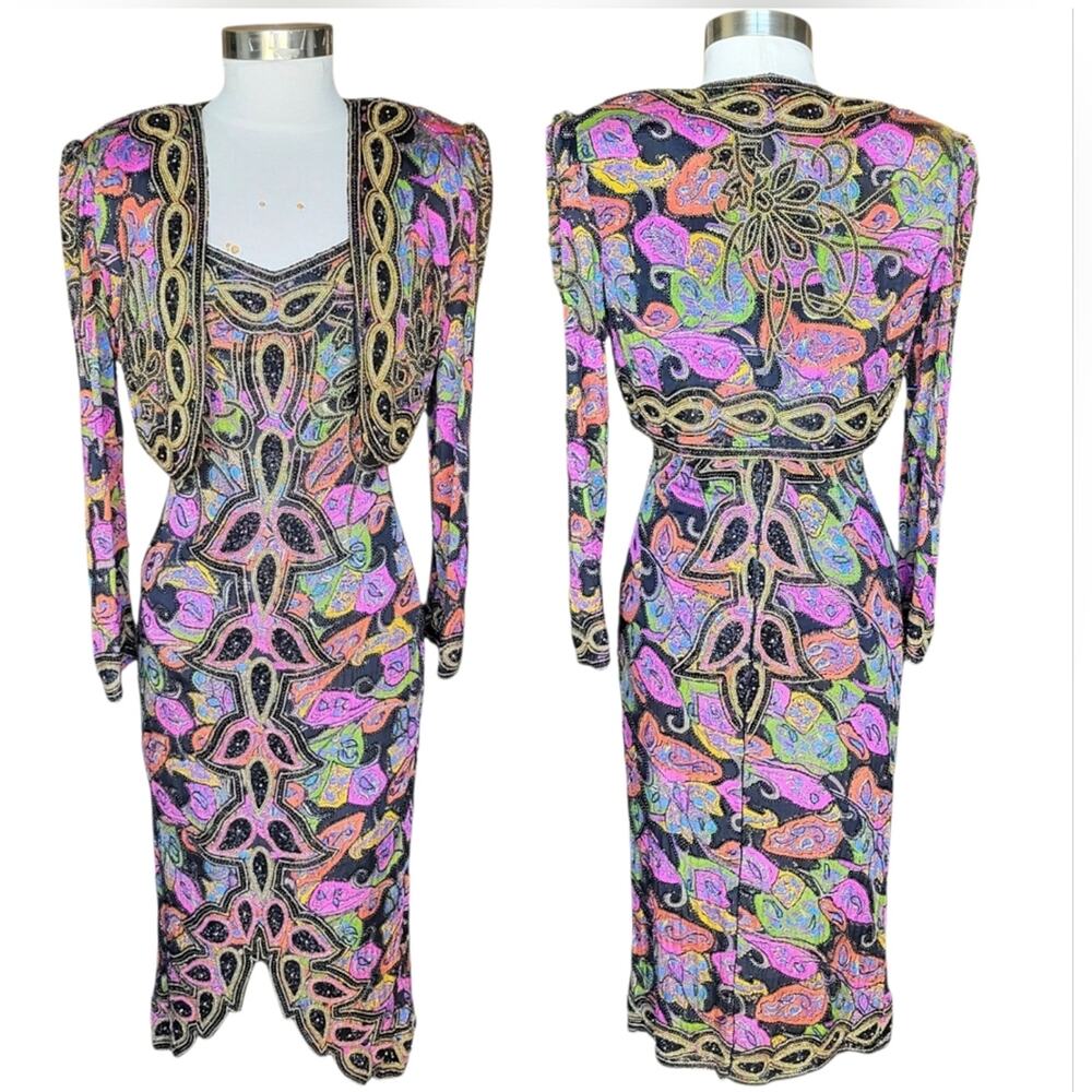 JASDEE Vintage Bolero Jacket & Dresss Hand Beaded Silk Set Size Small